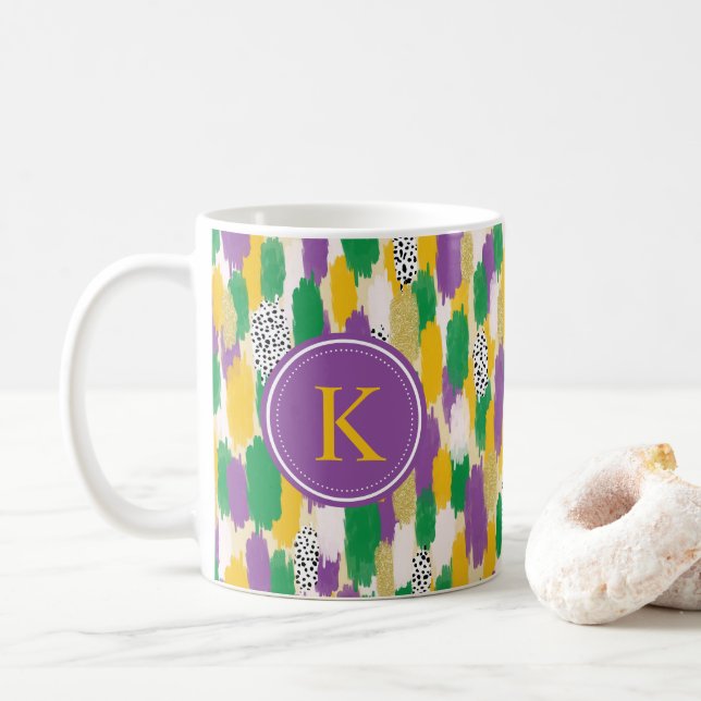 Green Purple Yellow Brushstrokes  Pattern Monogram Coffee Mug (With Donut)
