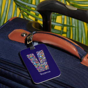 Green purple yellow floral Monogram Initial V blue Luggage Tag