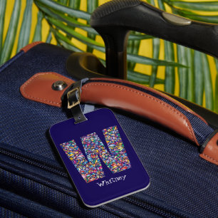 Green purple yellow floral Monogram Initial W blue Luggage Tag