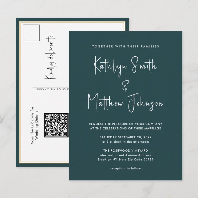 Green QR Code All In One Modern Script Wedding Invitation Postcard (Front/Back)