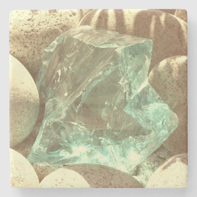 Green quartz beige stone nature rock mineral coaster (Front)