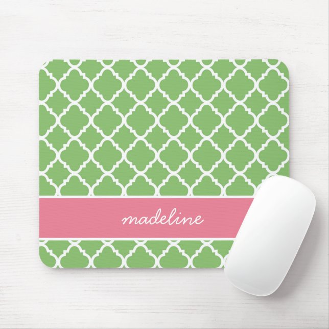 Green Quatrefoil | Pink and Green Preppy Mouse Pad (With Mouse)