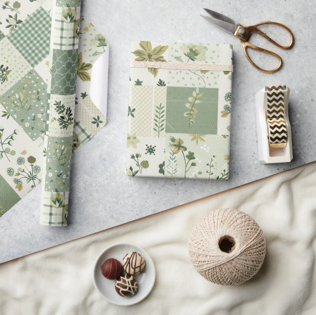 Green Quilt Patchwork Antique Plaid Geometric Wrapping Paper (Crafts)