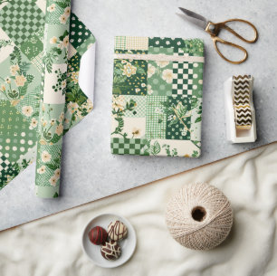 Green Quilt Patchwork Antique Plaid Geometric Wrapping Paper