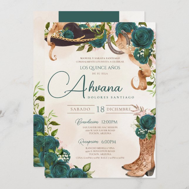 Green Quinceanera Roses Vintage Charro Western Invitation (Front/Back)