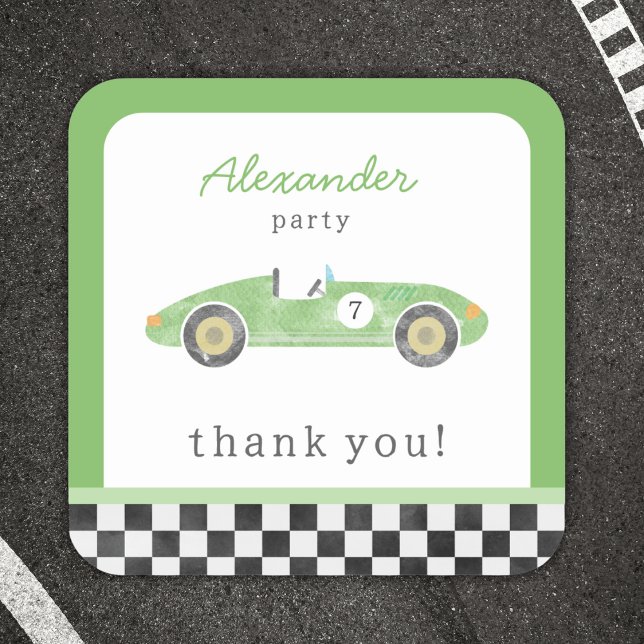 Green race car birthday square sticker (Creator Uploaded)