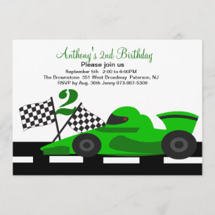 Green Race Car  Boys Second Birthday Invitation