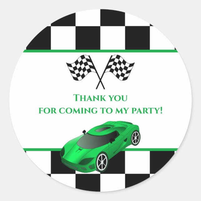 Green Race Car | Kids Birthday Party Favour Classic Round Sticker (Front)