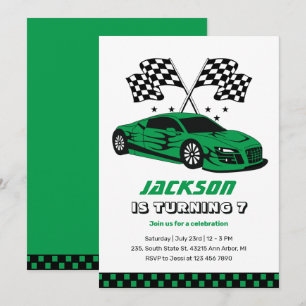 Green Race Car Racing Kids Boys Birthday Invitation