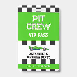 Green Race Car Vip Pass Pit Crew Birthday Party ID Badge