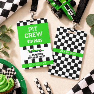 Green Race Car Vip Pass Pit Crew Birthday Party ID Badge