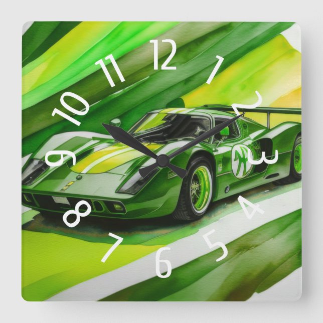 Green Race Car Watercolor Yellow Square Wall Clock (Front)