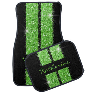 Green Race Stripe Sparkle Glitter Script Name Car Car Mat