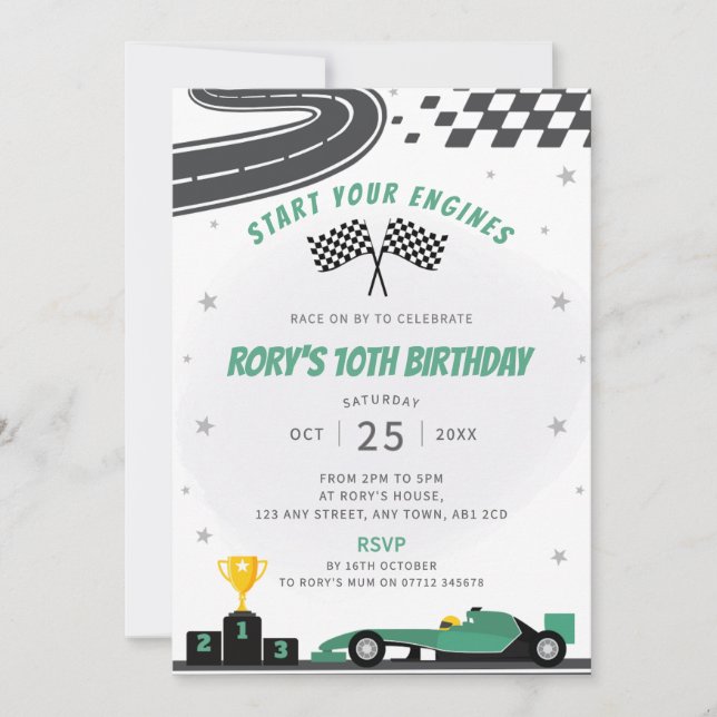 Green Racing Car Birthday Party Invitation (Front)