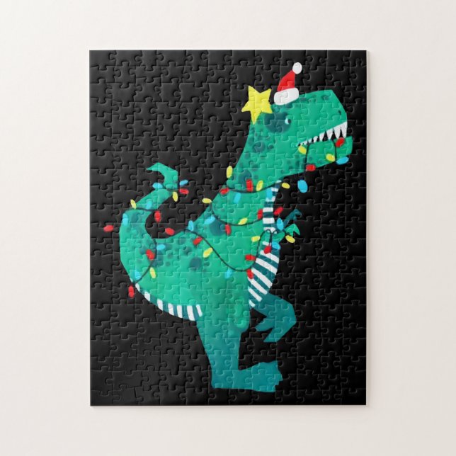 Green Rainbow Dinosaur Roar Christmas Winter Jigsaw Puzzle (Vertical)