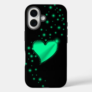 Green Rainbow Heart with Stars on Black iPhone 16 Case
