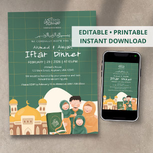 Green Ramadan Iftar Invitation with Mosque, Quran