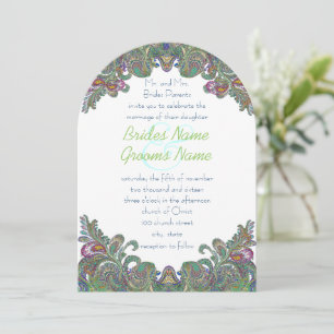 Green Raspberry Blue  Damask Wedding Invitation