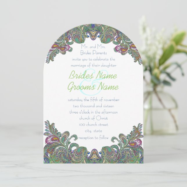 Green Raspberry Blue  Damask Wedding Invitation (Standing Front)