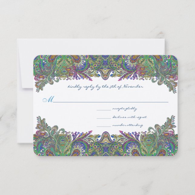 Green Raspberry Blue  Damask Wedding Invitation (Front)