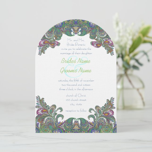 Green Raspberry Blue  Damask Wedding Invitation (Standing Front)