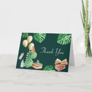 Green Rawr Dinosaur Storybook Balloon Baby Shower Thank You Card