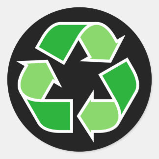Green recycle recycling symbol on black background classic round sticker
