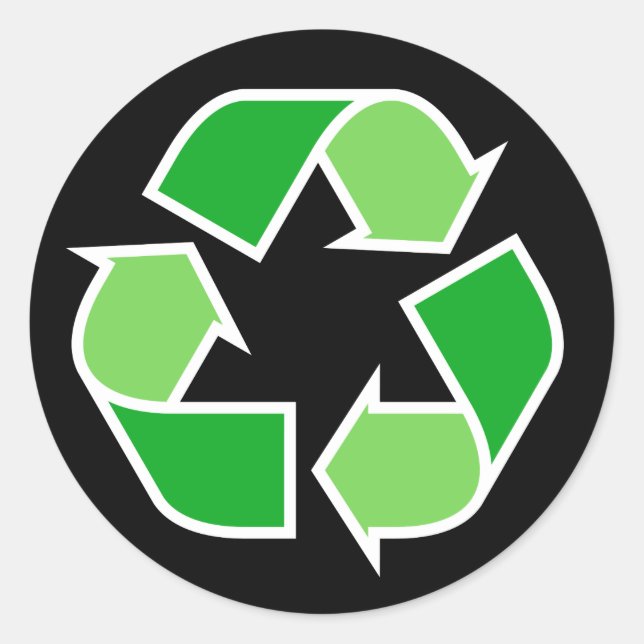 Green recycle recycling symbol on black background classic round sticker (Front)