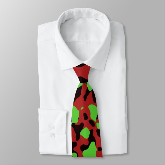 Green, Red, and Black Camouflage Abstract Pattern Tie (Tied)