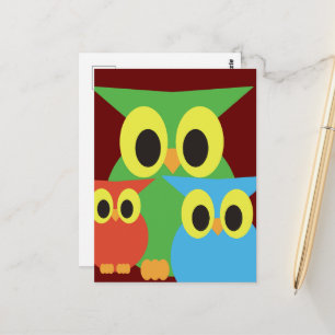 Green, Red and Blue Owls Postcard