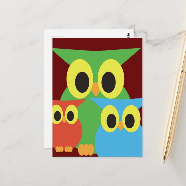 Green, Red and Blue Owls Postcard (Front/Back In Situ)