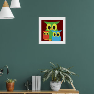Green, Red and Blue Owls Poster