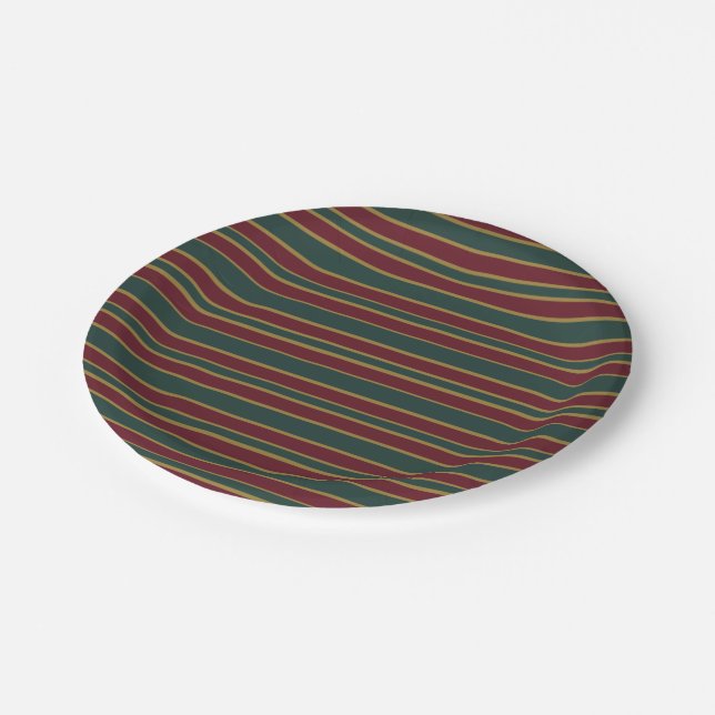 Green Red And Gold Christmas Candy Stripes Paper Plate (Angled)
