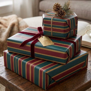 Green Red And Gold Christmas Candy Stripes Wrapping Paper