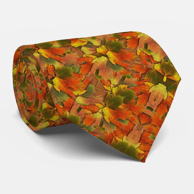 Green, Red And Golden Autumn Leaves Tie (Rolled)