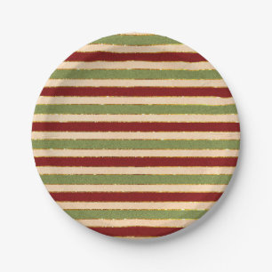 Green, Red and old Foil Striped Christmas Pattern Paper Plate