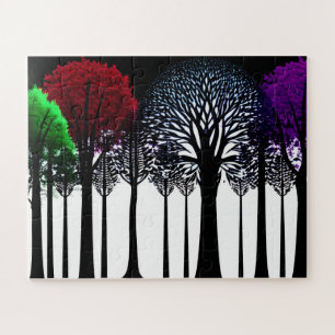 Green Red and Purple Leaves on Silhouette Forest Jigsaw Puzzle