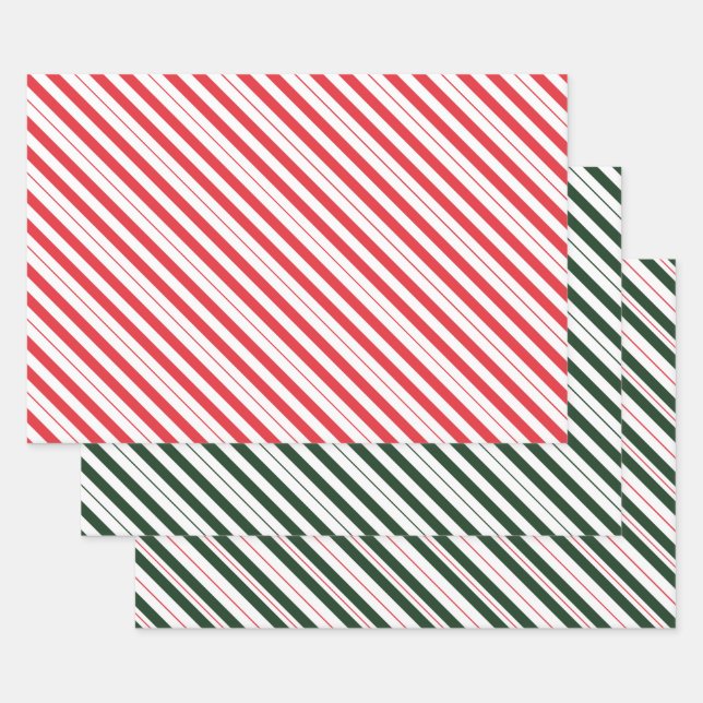 Green Red and White Candy Cane Diagonal Stripes Wrapping Paper Sheet (Set)