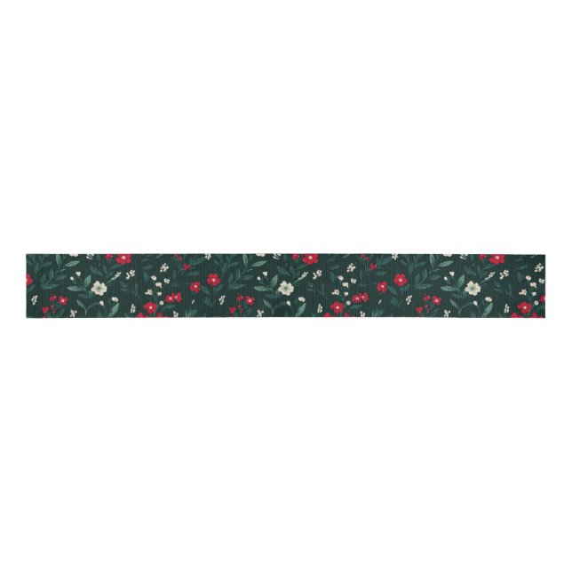 Green red and white Christmas flowers Grosgrain Ribbon (Front)