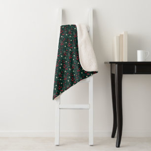Green red and white Christmas flowers Sherpa Blanket