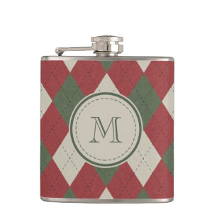Green & Red Argyle Plaid Pattern with Monogram Hip Flask