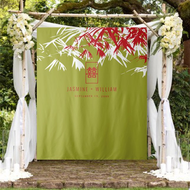 Green & Red Bamboo Leaves Chinese Wedding Backdrop Tapestry (Green & Red Bamboo Leaves, Double Happiness Chinese Wedding Backdrop Tapestry @ fatfatin_ted_knot)