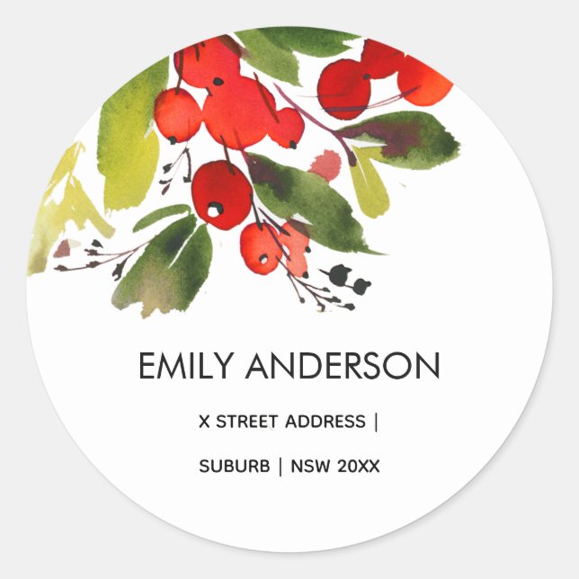 GREEN RED BERRIES WATERCOLOR CHRISTMAS ADDRESS CLASSIC ROUND STICKER (Front)