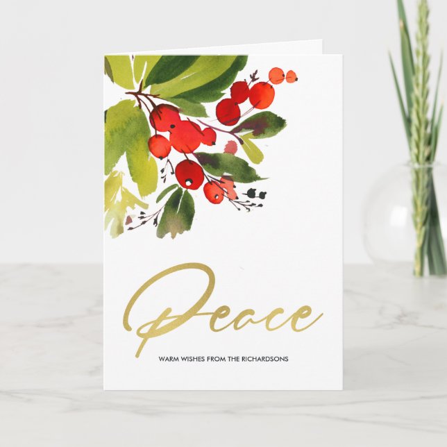 GREEN RED BERRIES WATERCOLOR CHRISTMAS PEACE CARD (Front)