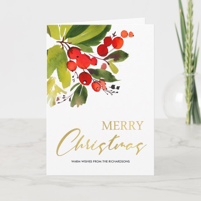 GREEN RED BERRIES WATERCOLOR MERRY CHRISTMAS CARD (Front)