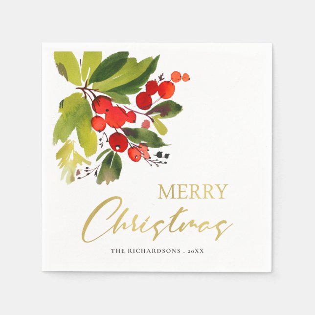 GREEN RED BERRIES WATERCOLOR MERRY CHRISTMAS NAPKIN (Front)