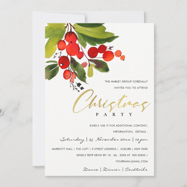 GREEN RED BERRY CORPORATE HOLIDAY CHRISTMAS PARTY INVITATION (Front)