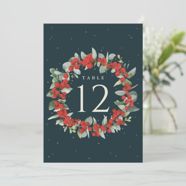 Green Red Berry+Eucalyptus Christmas Table Number (Standing Front)