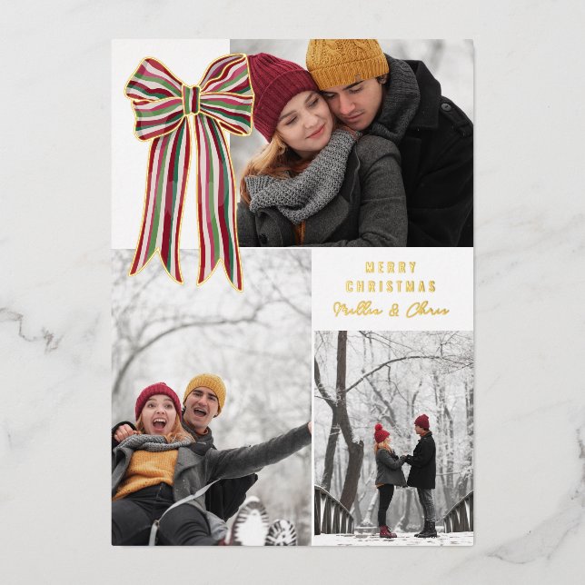 Green Red Big Striped Bow Merry Christmas Photo Foil Holiday Card (Front)