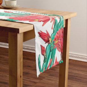 Green Red Blooming Cactus Pattern Short Table Runner